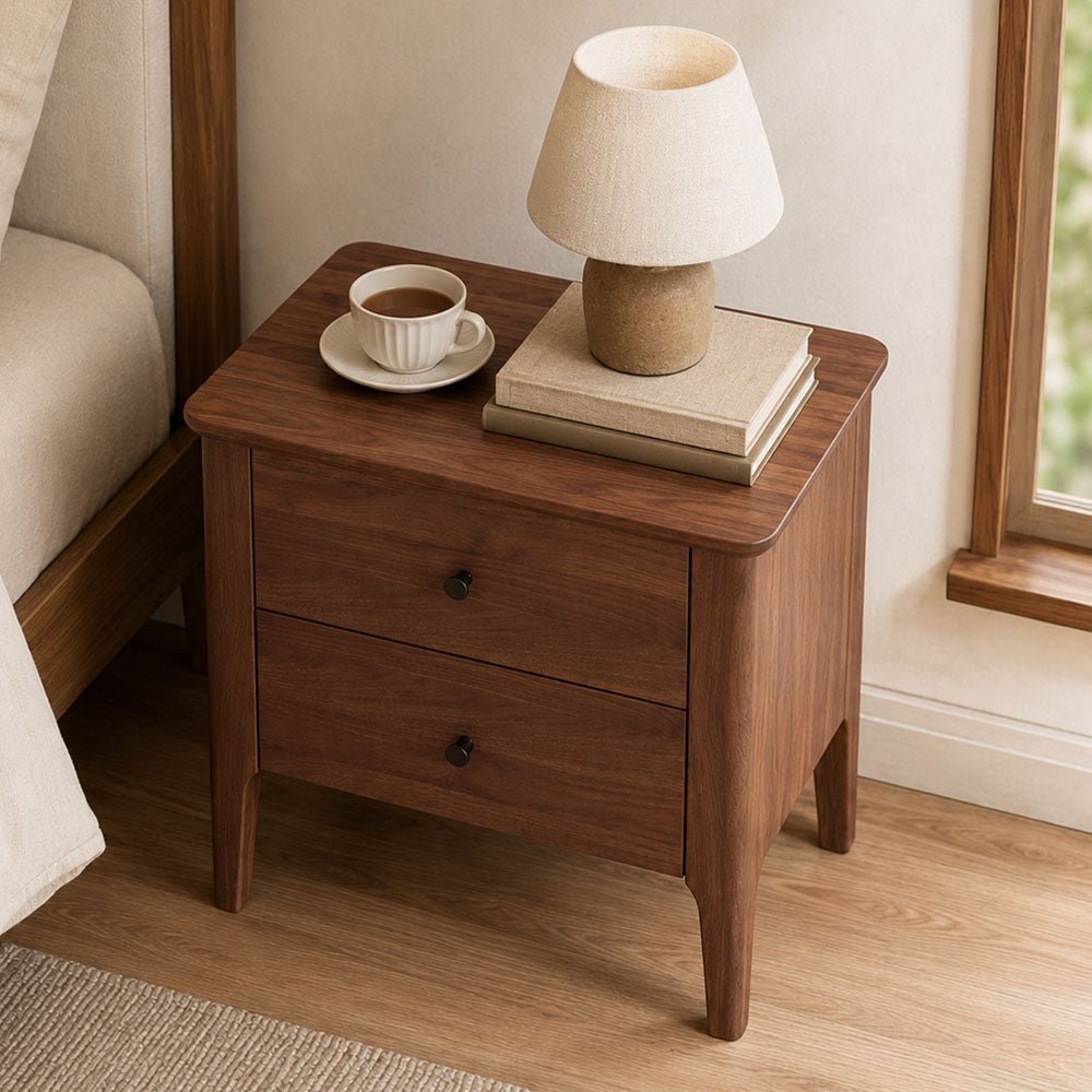 Hollis Two-Drawer Walnut Wood Nightstand, product view 2 by WinSpaces