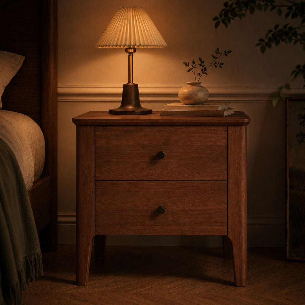 Hollis Two-Drawer Walnut Wood Nightstand, product view 3 by WinSpaces