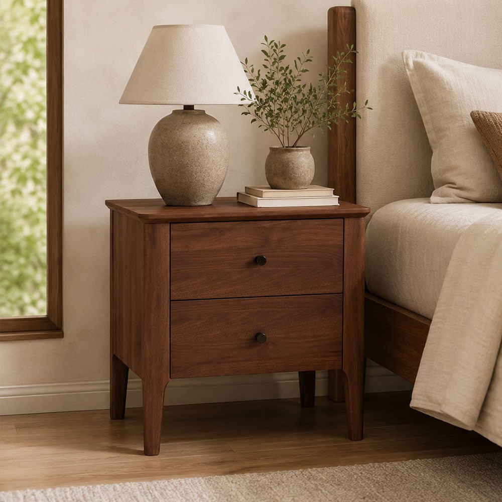 Hollis Two-Drawer Walnut Wood Nightstand, product view 5 by WinSpaces