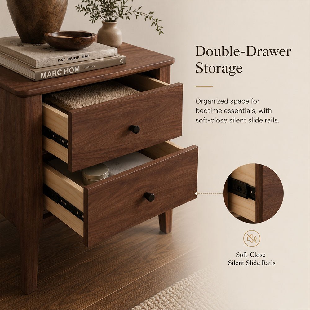 Hollis Two-Drawer Walnut Wood Nightstand, product view 8 by WinSpaces
