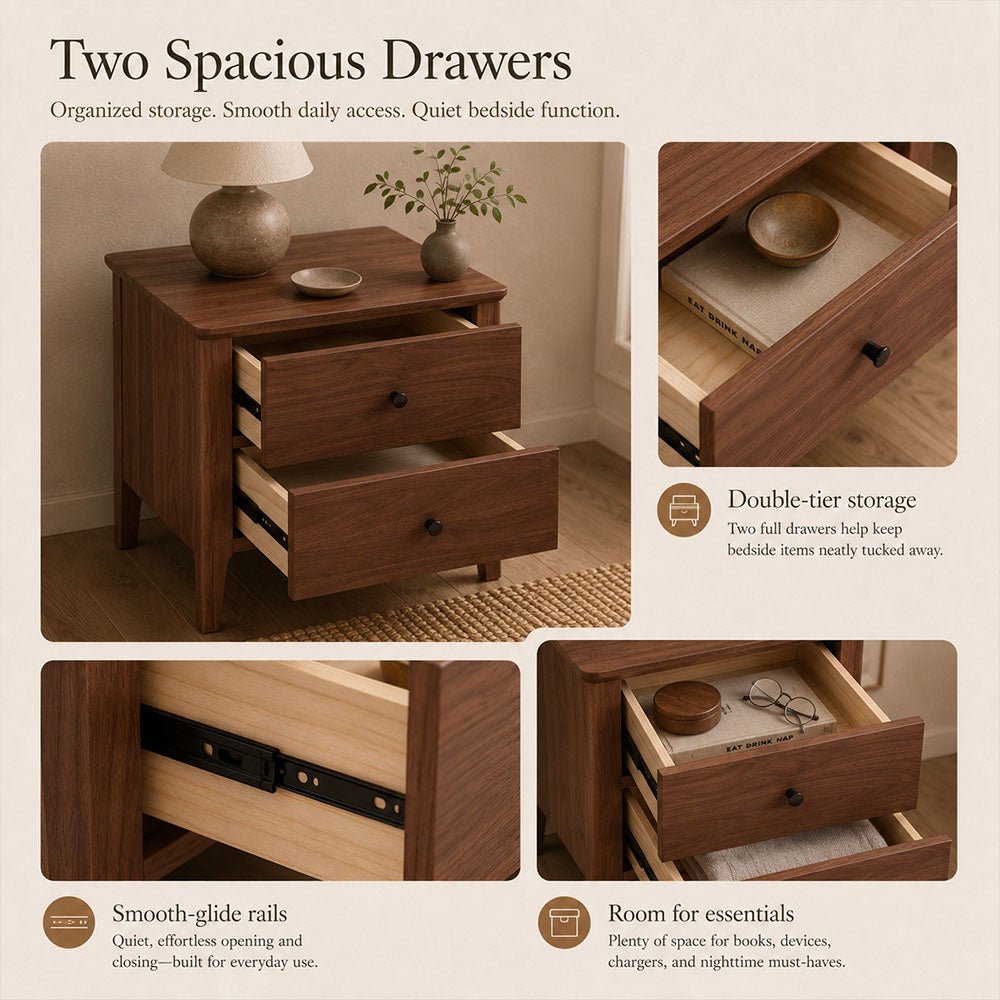 Hollis Two-Drawer Walnut Wood Nightstand, product view 10 by WinSpaces
