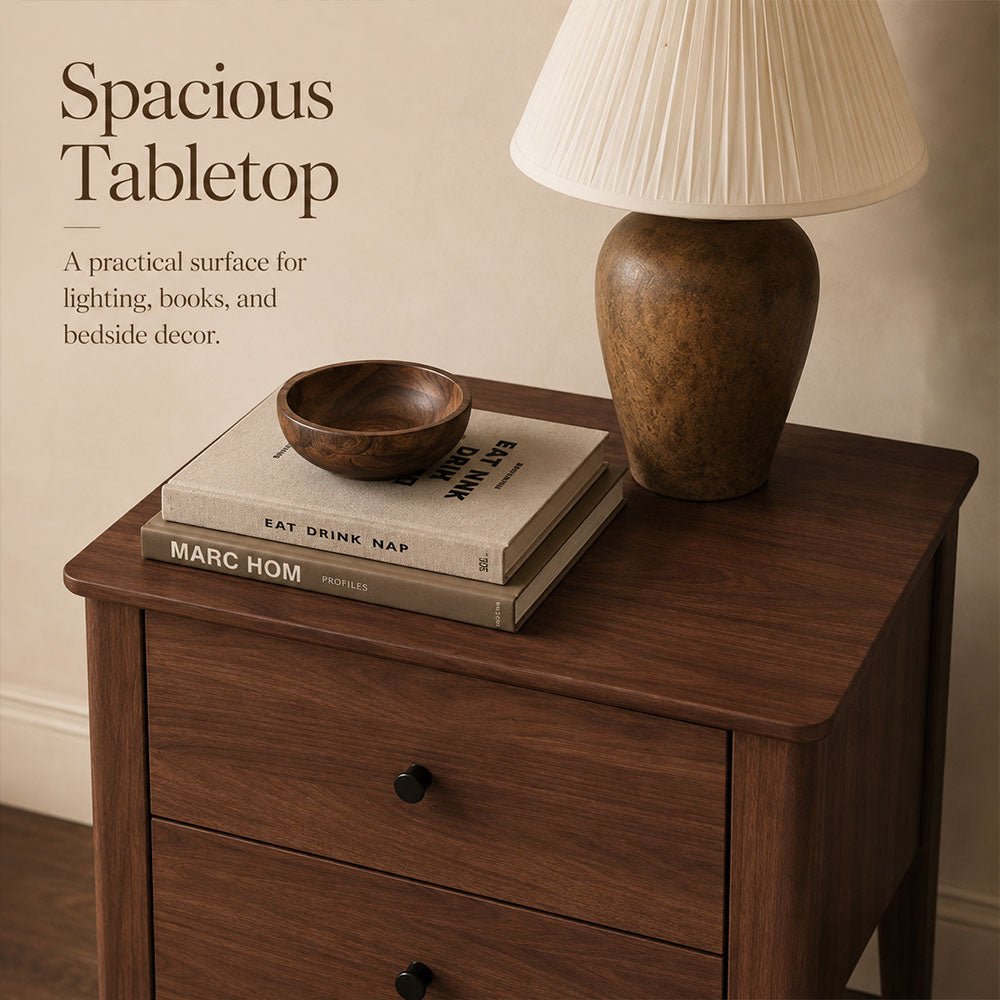 Hollis Two-Drawer Walnut Wood Nightstand, product view 11 by WinSpaces