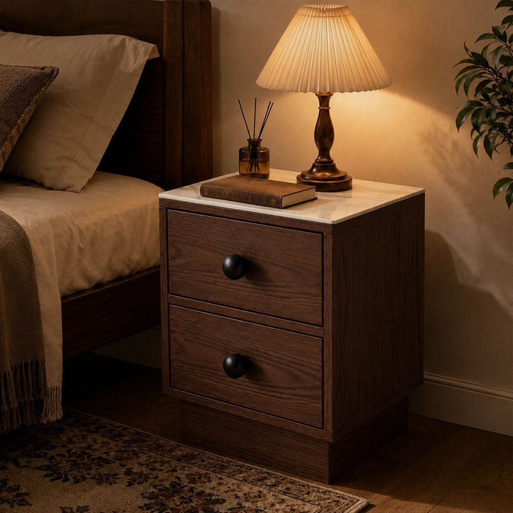 Veyra Two-Drawer Sintered Stone Solid Wood Nightstand, product view 2 by WinSpaces