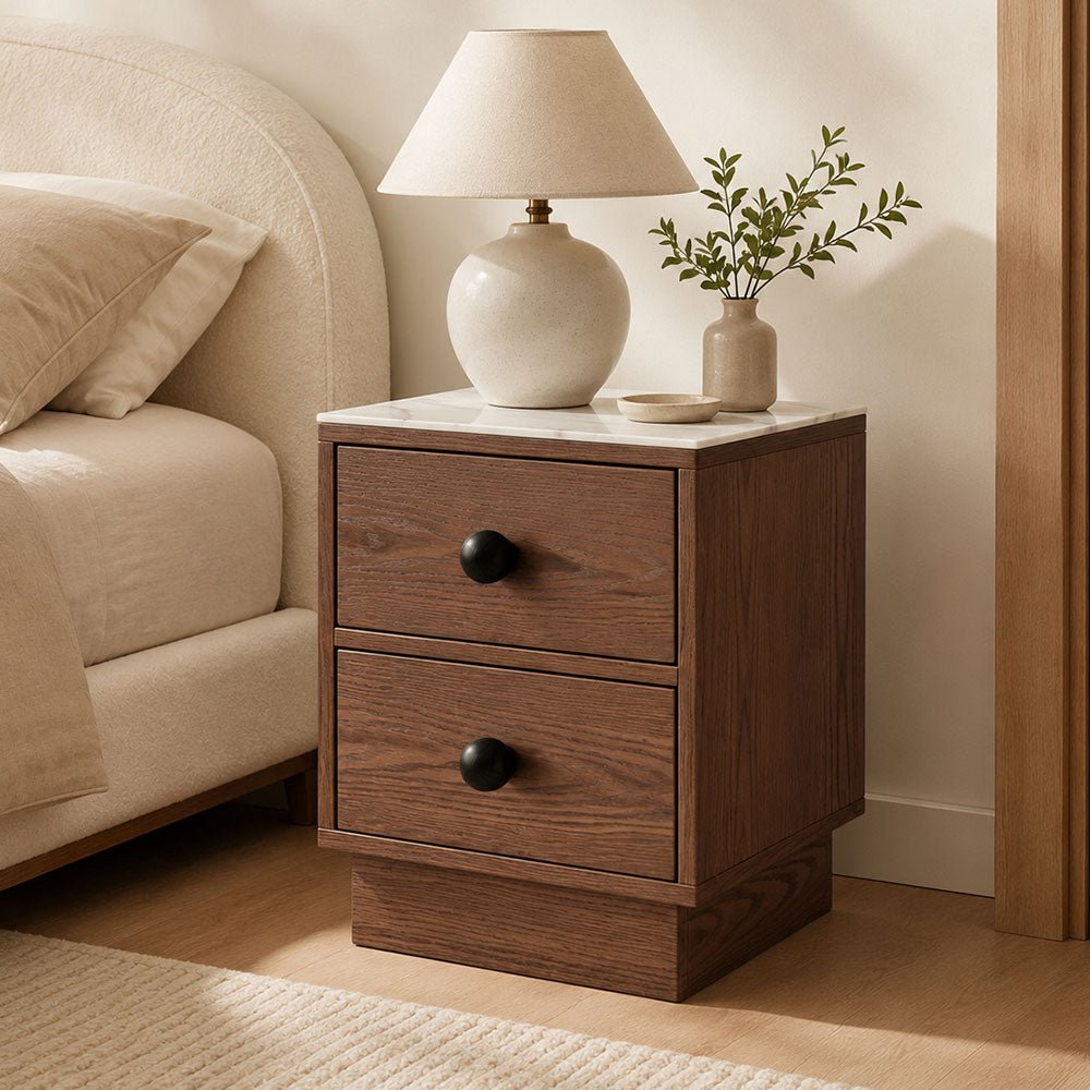 Veyra Two-Drawer Sintered Stone Solid Wood Nightstand, product view 3 by WinSpaces
