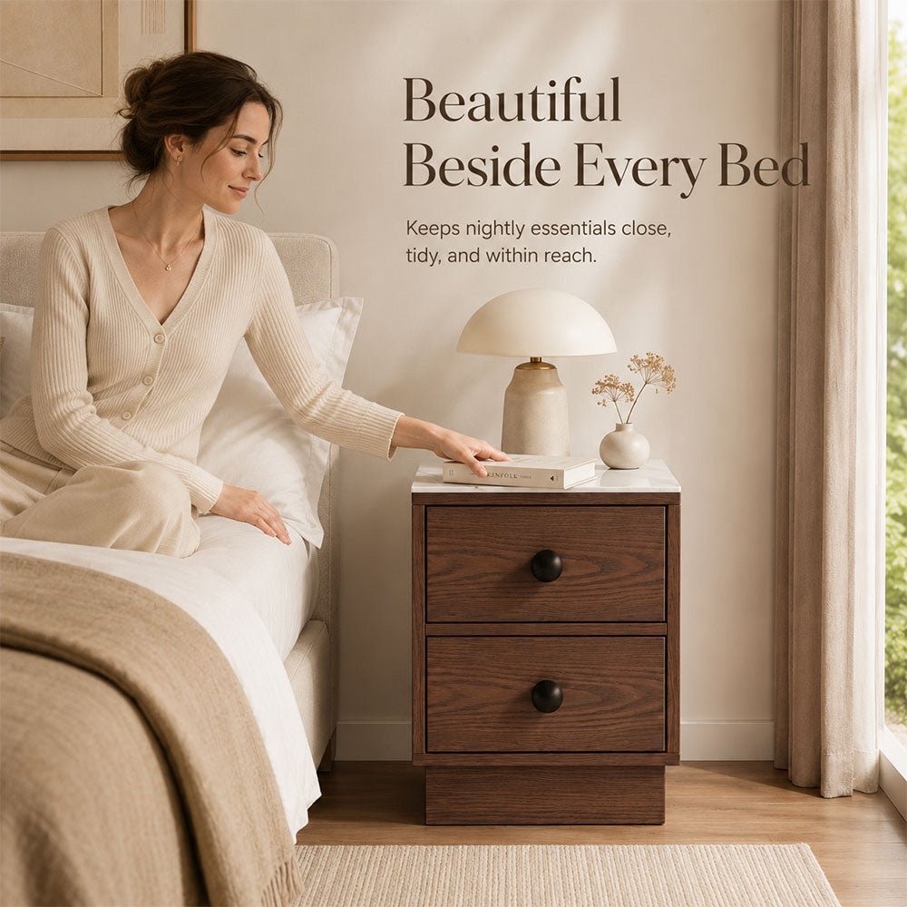 Veyra Two-Drawer Sintered Stone Solid Wood Nightstand, product view 8 by WinSpaces