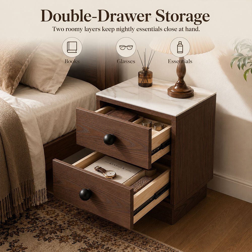 Veyra Two-Drawer Sintered Stone Solid Wood Nightstand, product view 14 by WinSpaces