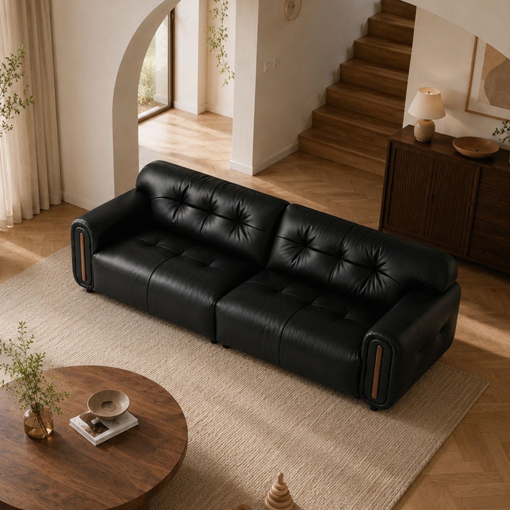 Veyra Walnut-Frame Black Leather Sofa, product view 3 by WinSpaces