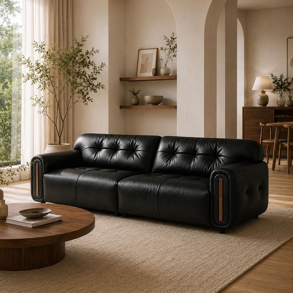 Veyra Walnut-Frame Black Leather Sofa, product view 4 by WinSpaces