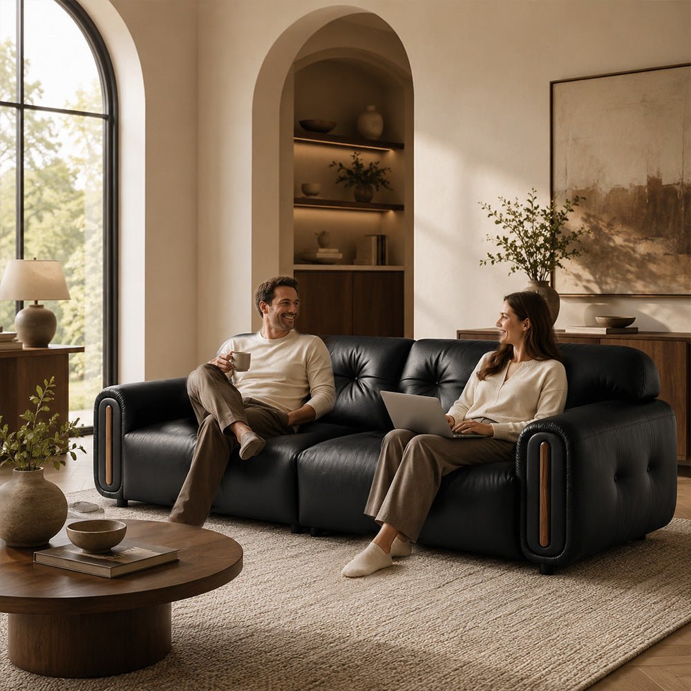 Veyra Walnut-Frame Black Leather Sofa, product view 6 by WinSpaces