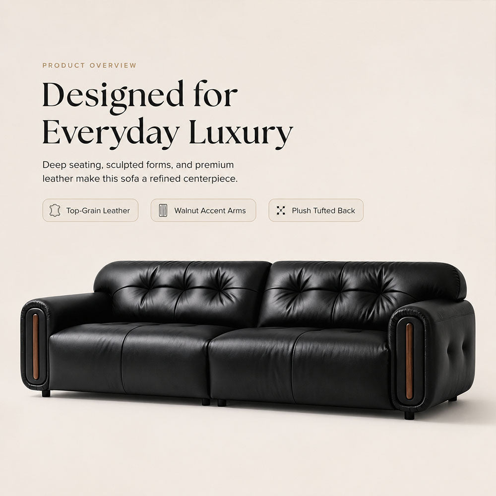 Veyra Walnut-Frame Black Leather Sofa, product view 10 by WinSpaces