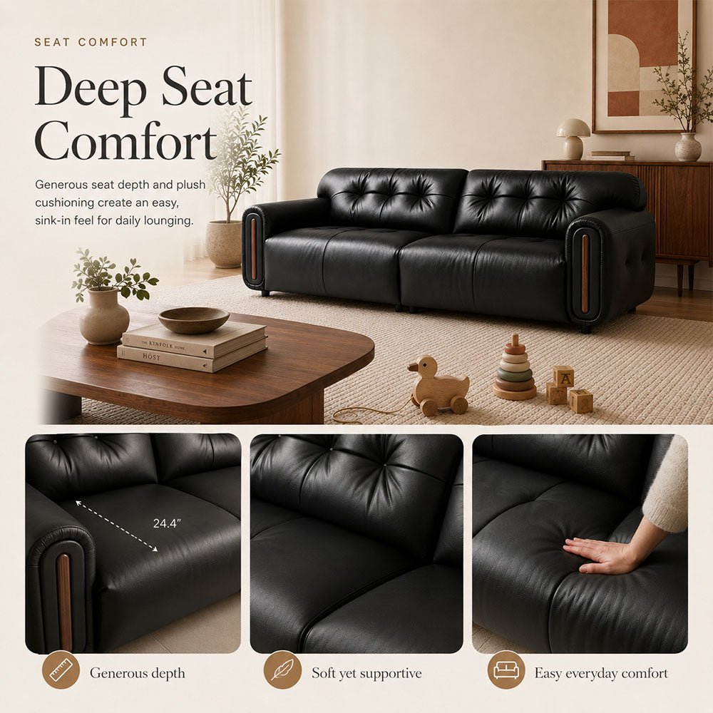 Veyra Walnut-Frame Black Leather Sofa, product view 11 by WinSpaces