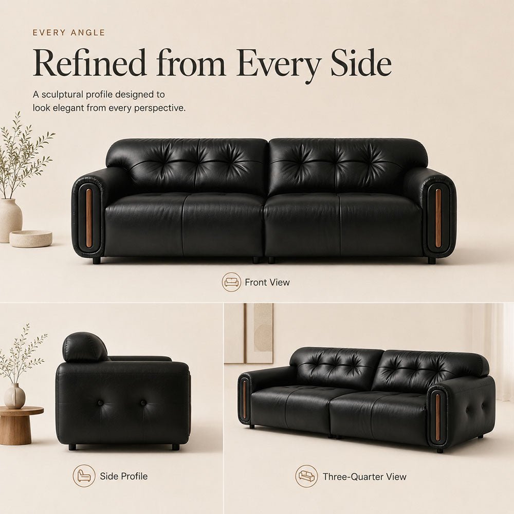 Veyra Walnut-Frame Black Leather Sofa, product view 12 by WinSpaces