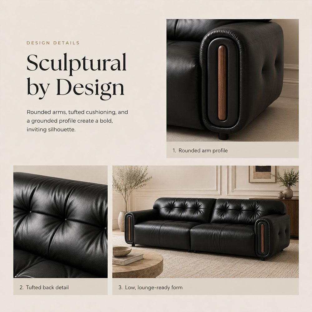 Veyra Walnut-Frame Black Leather Sofa, product view 14 by WinSpaces